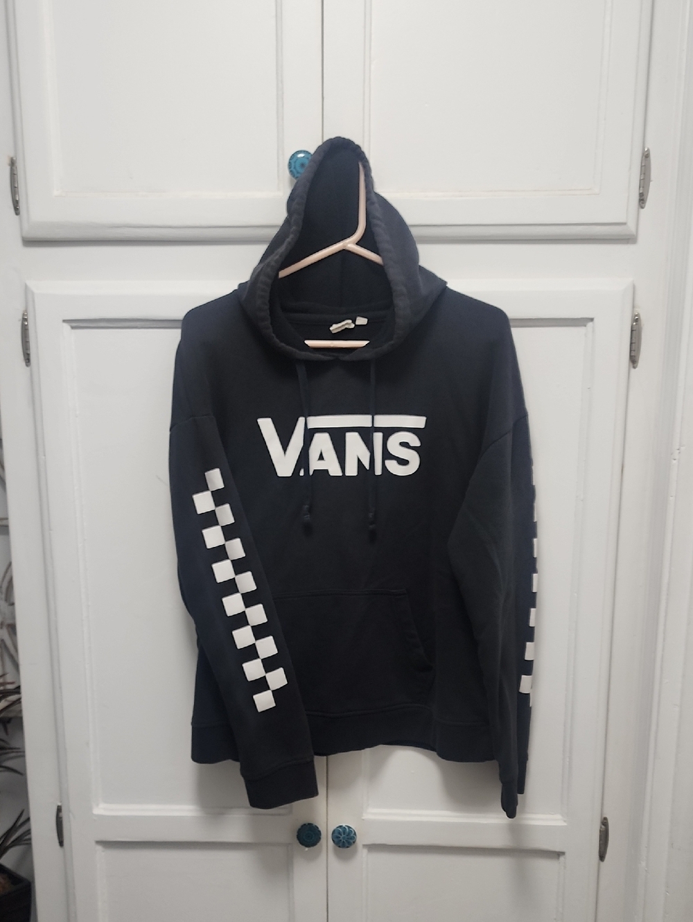 Vans Black Crewneck Hoodie with White Checker Sleeves